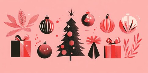 Christmas-themed elements, including a Christmas tree and decorations, a Santa hat and gloves, presents, a wreath, holly leaves on a pink background