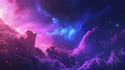 Naklejka premium A stunning cosmic scene featuring vibrant pink and blue nebulae, swirling clouds, and twinkling stars against a deep space backdrop.