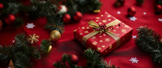 christmas background with christmas tree decorations and box gift 