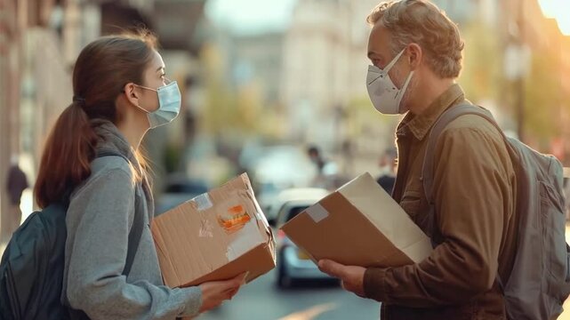 Delivery woman in a medical mask hands a package on a city street, showcasing contactless transactions in the pandemic era