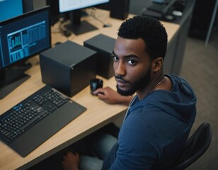 Minimal high angle view at African American software developer working with computers and data systems in office