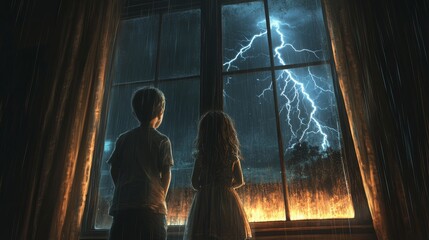 Boy and girl stand by a window, watching a stormy night with lightning.