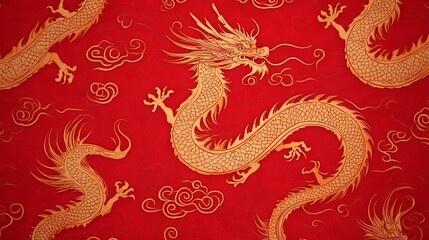 Fototapeta premium Intricate Chinese Dragon Pattern on Red Backdrop with Golden Accents