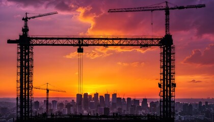 Silhouette of Construction Worker Framing the City Skyline at Dusk