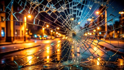 Stunning Night Photography of Cracked Glass Against a Dark Background, Creating an Intriguing and Mysterious Atmosphere with Unique Textures and Reflections