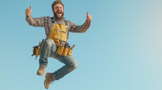A joyful craftsman celebrates his work by jumping in the air against a bright blue background. He wears a checkered shirt and a tool-laden apron, showcasing enthusiasm and creativity.