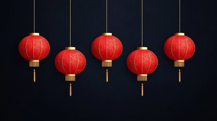 Glowing Red and Gold Chinese Lanterns Hanging Against the Night Sky