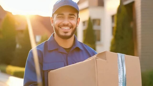 Smiling delivery man delivers fresh groceries to a happy customer at home, showcasing convenience and excellent service