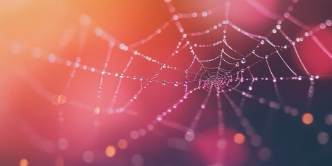 A close-up view of a delicate spider web glistening with drops of dew. The colorful background adds a dreamy quality. Perfect for nature themes, art projects, or educational purposes. AI