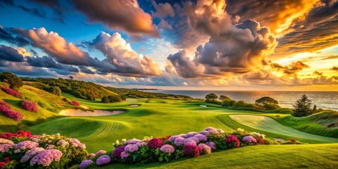 Stunning Surreal Views of a Beautiful Golf Course on Cape Cod Surrounded by Lush Greens, Vibrant Skies, and Unique Landscape Features, Perfect for Nature and Sports Photography