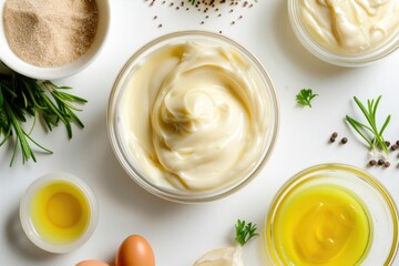 Homemade mayonnaise and mayonnaise ingredients isolated on a white background. Top view.