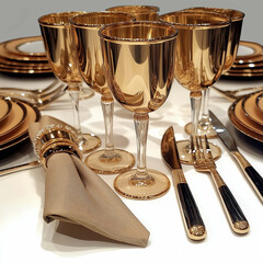 Elegant gold table setting featuring shiny glassware, polished cutlery, and luxurious dinnerware, perfect for special occasions and celebrations