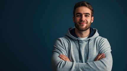 Obraz premium A young man stands with a warm smile and arms crossed, exuding confidence. He wears a light grey hoodie, and the dark blue background adds a stylish touch to his relaxed look.