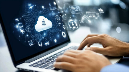 Close-up of human hands typing on laptop with futuristic business analytics data on screen, surrounded by icons of cloud computing, AI and data security.