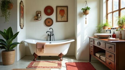 Bohemian bathroom accents. Cozy bathroom with wooden furniture, clawfoot bathtub, plants, and natural light. Rustic and serene with decorative accents.