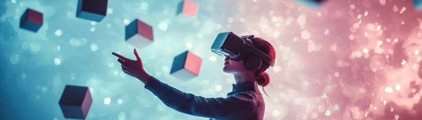 A person wearing a VR headset interacts with floating cubes in a vibrant, colorful digital space filled with sparkling effects.