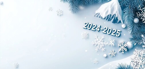 A winter-themed design featuring snowflakes, a snowy background, and the years 2024-2025.