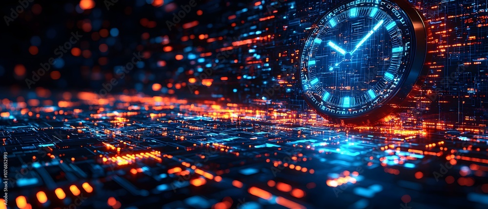 Aufkleber Digital clock representation illuminated by vibrant blue and orange lights on a futuristic circuit board background, symbolizing time in a tech world.