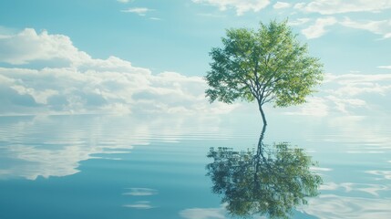 Obraz premium A solitary tree stands in serene water, reflecting a blue sky filled with soft clouds, embodying tranquility and nature's beauty.