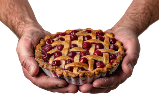 Cherry Pie in Hands Isolated on Transparent or White Background