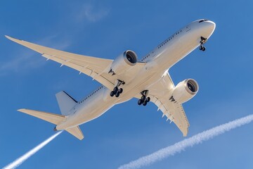 Obraz premium White Airplane Taking Off Against Clear Blue Sky