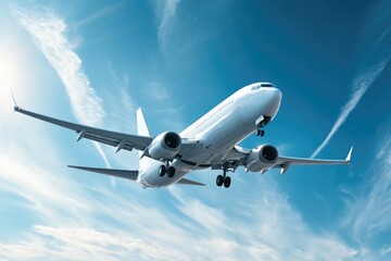 Obraz premium White airplane flying through a blue sky with white wispy clouds