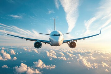 Fototapeta premium Airplane Flying Over Clouds at Sunset
