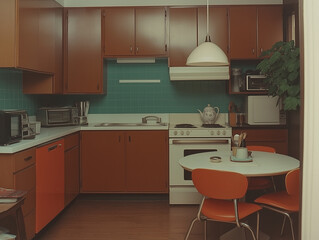 Retro Kitchen Charm: A vintage kitchen with warm brown cabinets, teal tile backsplash, and a round table set with orange chairs.  A perfect blend of retro style and functionality.