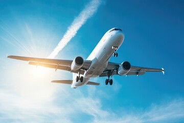 Obraz premium Airplane Approaching Landing with Blue Sky and Contrail