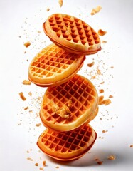 Stack of Golden Waffles Falling Mid-Air with Crumbs Against White Background
