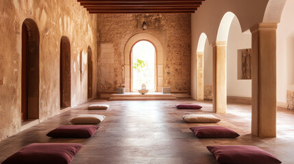 Spiritual retreats set in a peaceful monastery or ashram, with quiet spaces for meditation and reflection