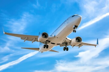 Fototapeta premium White Passenger Airplane Approaching Landing with Gear Down and Contrails in the Sky