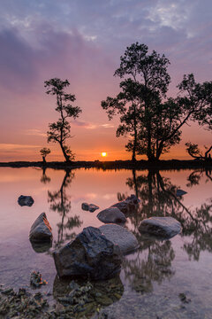 Sunset in a lagoon with trees  in Carita, Anyer, Indonesia