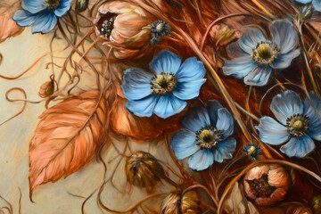 Close-Up Oil Painting of Blooming Wildflowers with Vibrant Blue and Copper Tones