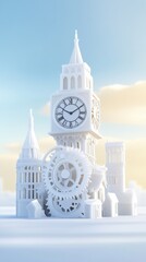 Obraz premium Whimsical White Clock Tower with Intricate Gear Detailing in Surreal Scene
