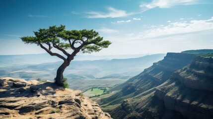 Obraz premium Serene Landscape: Lone Pine Tree Overlooking a Picturesque Valley