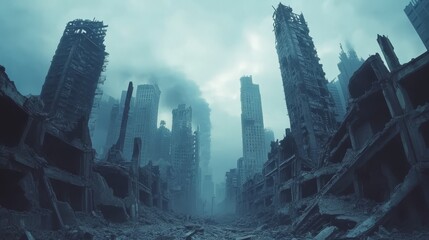 A ruined city. Post-apocalypse. In a dramatic, cinematic cyber punk style