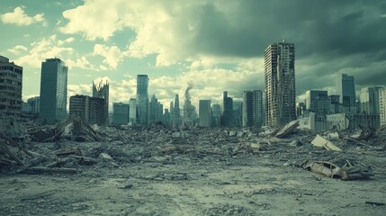 A ruined city. Post-apocalypse. In a dramatic, cinematic cyber punk style