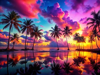 Surreal Psychedelic Tropical Synthwave Beach at Sunset with Palm Trees and Ocean Waves in Vivid Colors, Perfect for Dreamy and Futuristic Art Backgrounds