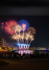 Naklejka premium 新年おめでとう！花火大会と港の夜景｜Happy New Year! Fireworks display and night view of the harbor