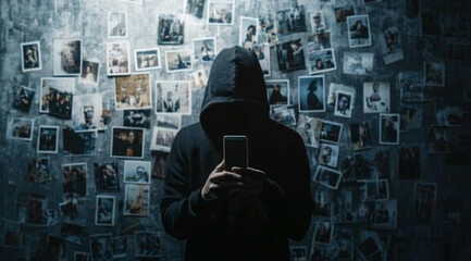 A hooded figure stands before a wall, looking at a phone