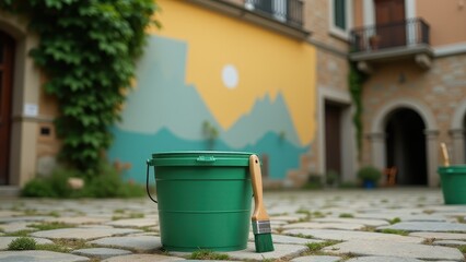Naklejka premium Bucket of paint for wall art and murals. A green bucket and brush stand on a stone courtyard, framed by plant-lined stone walls, set against an unfinished wall.