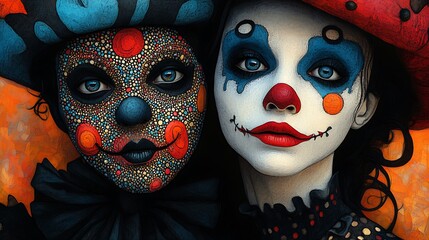 Two clowns with colorful makeup and hats, looking directly at the viewer.