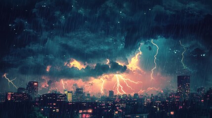 Stormy sky with rain, lightning, and pollution. 