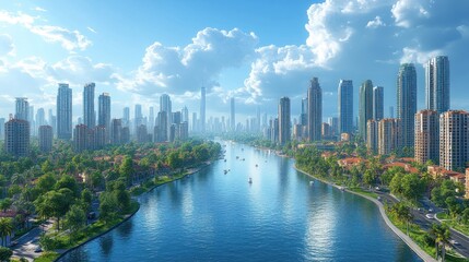 Obraz premium A vibrant cityscape with skyscrapers alongside a serene river.