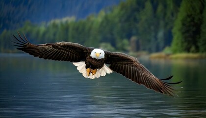 Naklejka premium Bald Eagle flying feet over the water looking for a meal