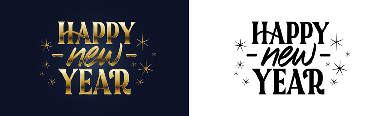 Happy New Year Gold and Black Starburst Typography Design