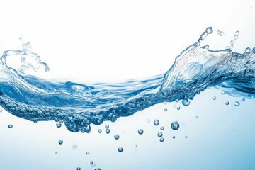 clean blue water surface with splash, ripple and air bubbles on white background