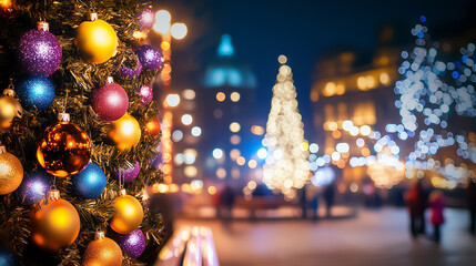 People stroll through a vibrant city square adorned with twinkling lights and a stunning Christmas...