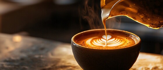 A close-up of a beautifully crafted latte art in a dark ceramic cup, surrounded by warm light, emphasizing the rich texture and creamy foam.